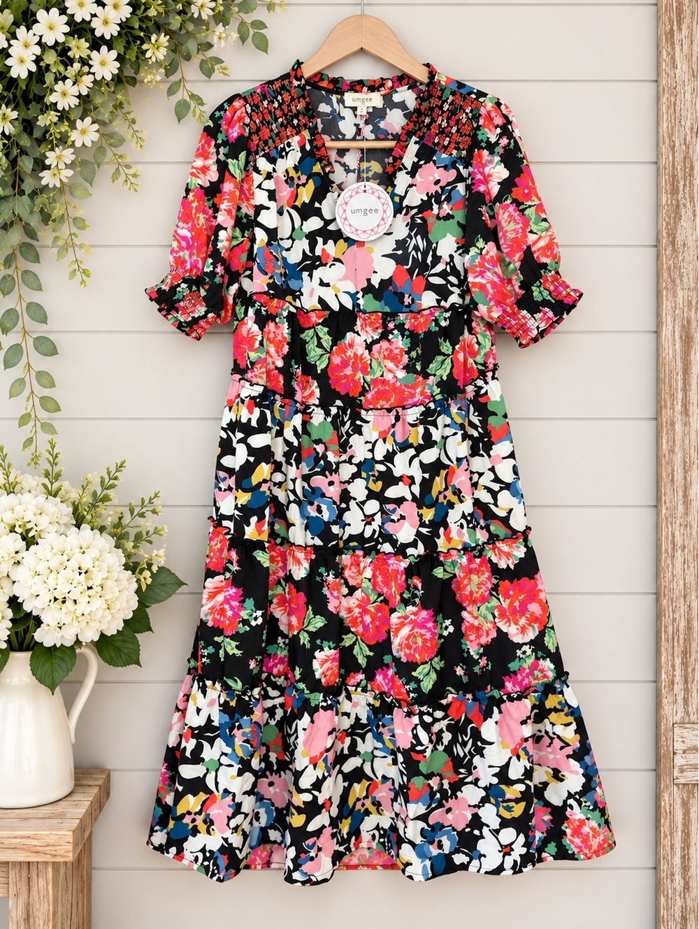 Umgee Floral Patchwork Tiered Midi Dress Size M NWT